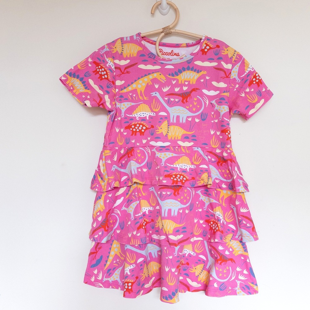 Piccolina Tiered Ruffle Dress Pink Dinosaur Print Short Sleeve Kids Size 10